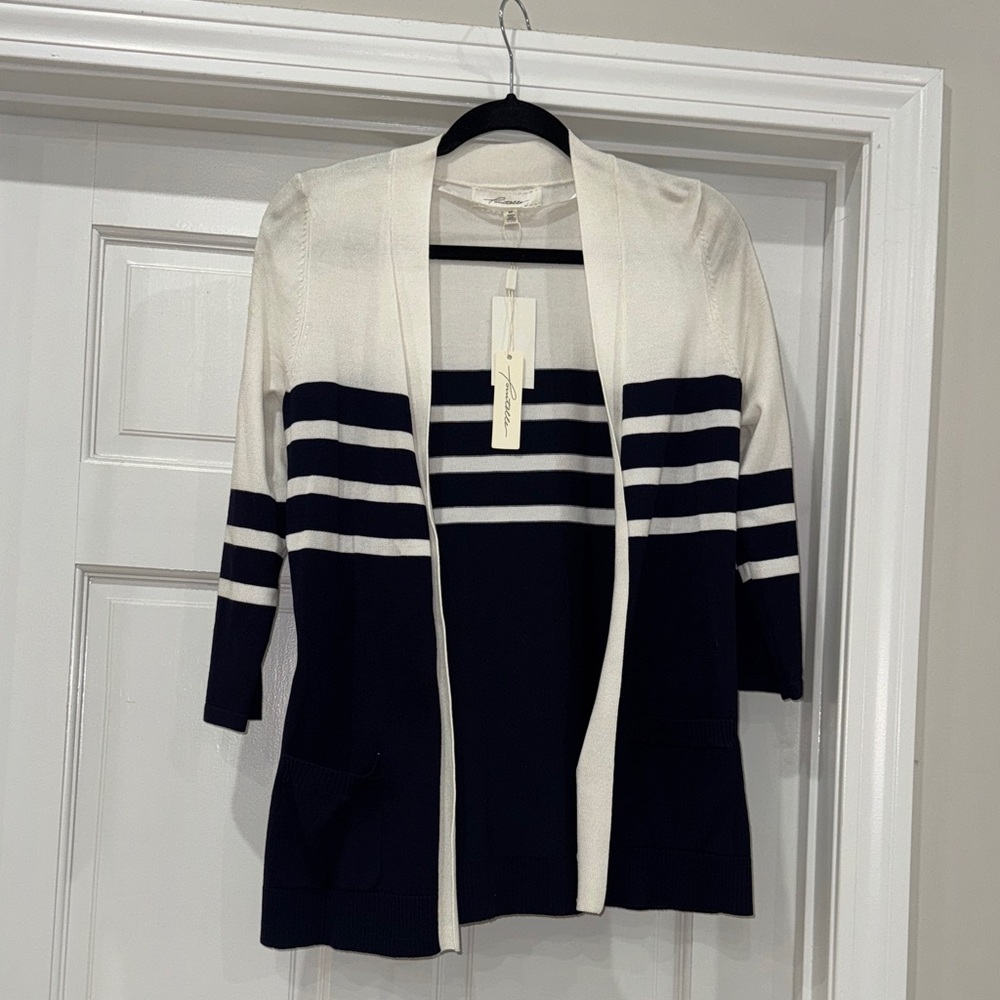 NWT Pointelle Navy and White Striped Cardigan